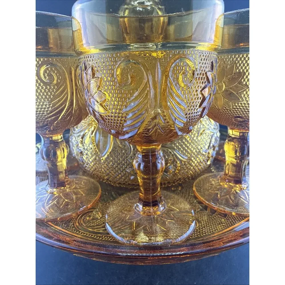 Indiana Glass Amber Tiara Decanter Set w/8 Glasses, Tray, Sandwich Pattern 11 pc